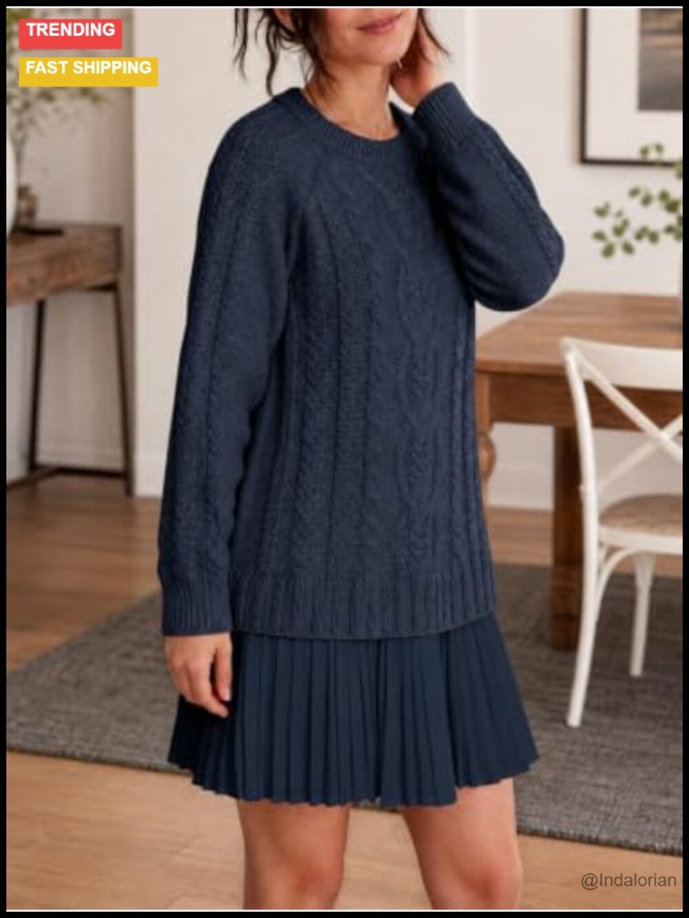 Cable Knit Sweater Dress Pleated Long Sleeve Crewneck Mini Preppy Fall Chunky - Picture 4 of 6